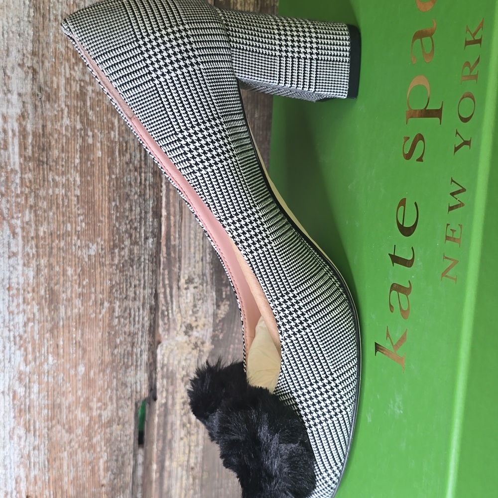 Kate Spade Black & White Plaid Pom-Pom Block Heel Pumps, Size 9 - Picture 3 of 5